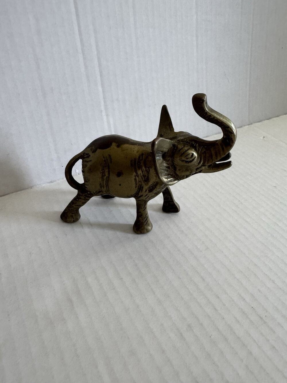 Vintage Solid Brass Elephant Figurine Trunk Up 4.5" Tall Paperweight Decor